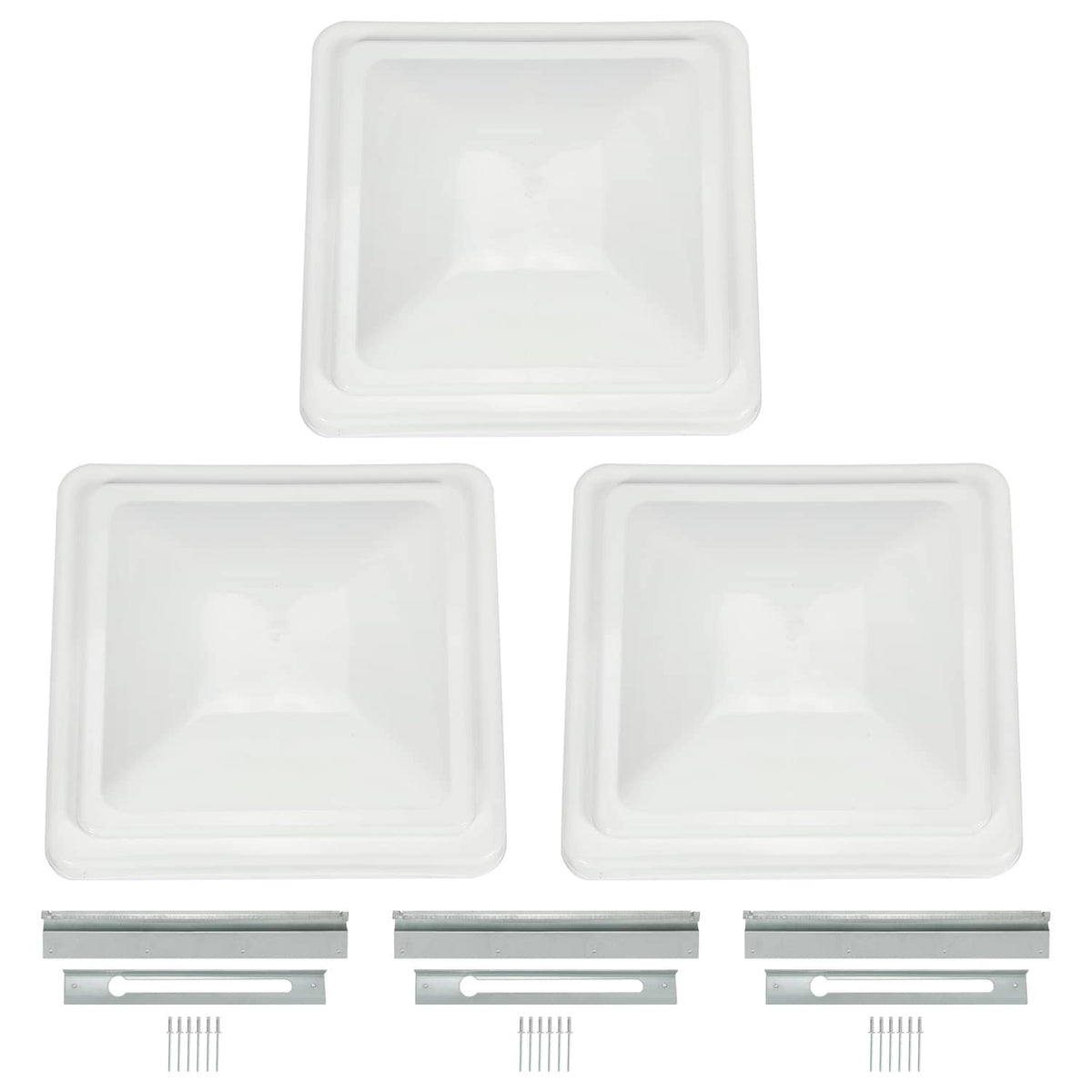 Three white RV roof vent cover lids with matching metal mounting rails