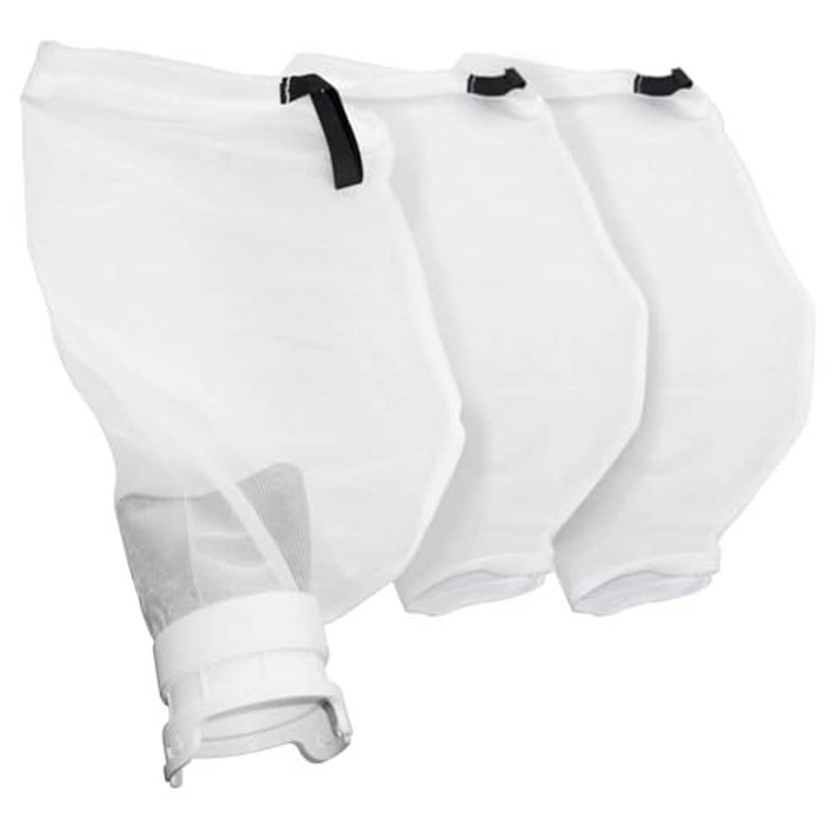 White automatic pool cleaner debris bag with black closure straps and base intake connector