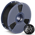 Black TPU filament spool with coiled filament, plus small black filament roll accessory