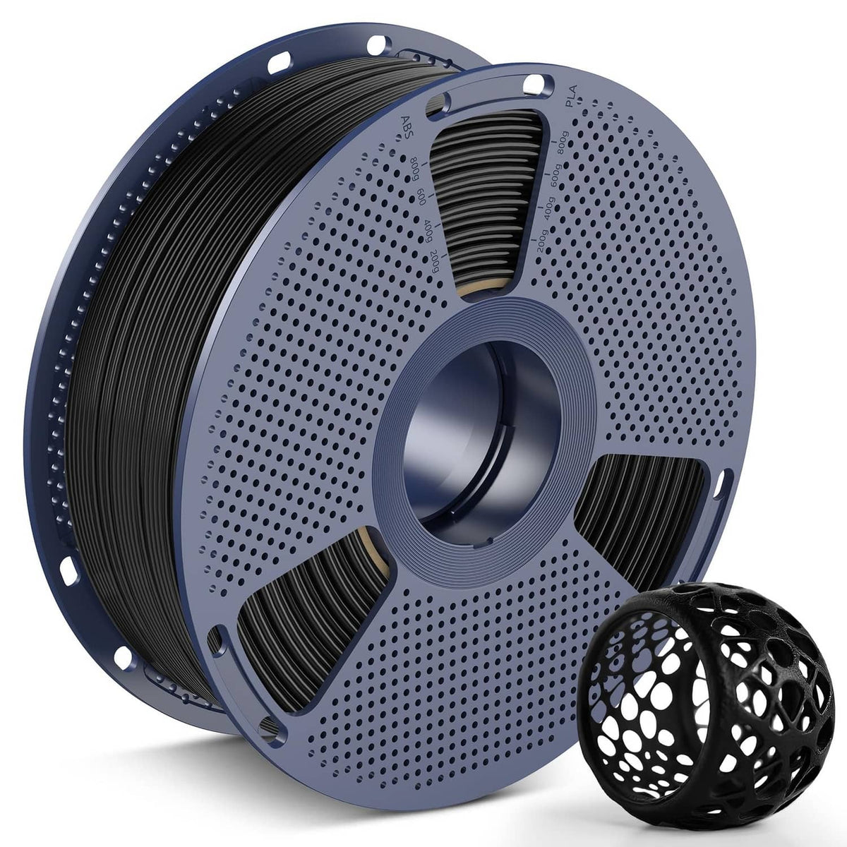 Black TPU filament spool with coiled filament, plus small black filament roll accessory