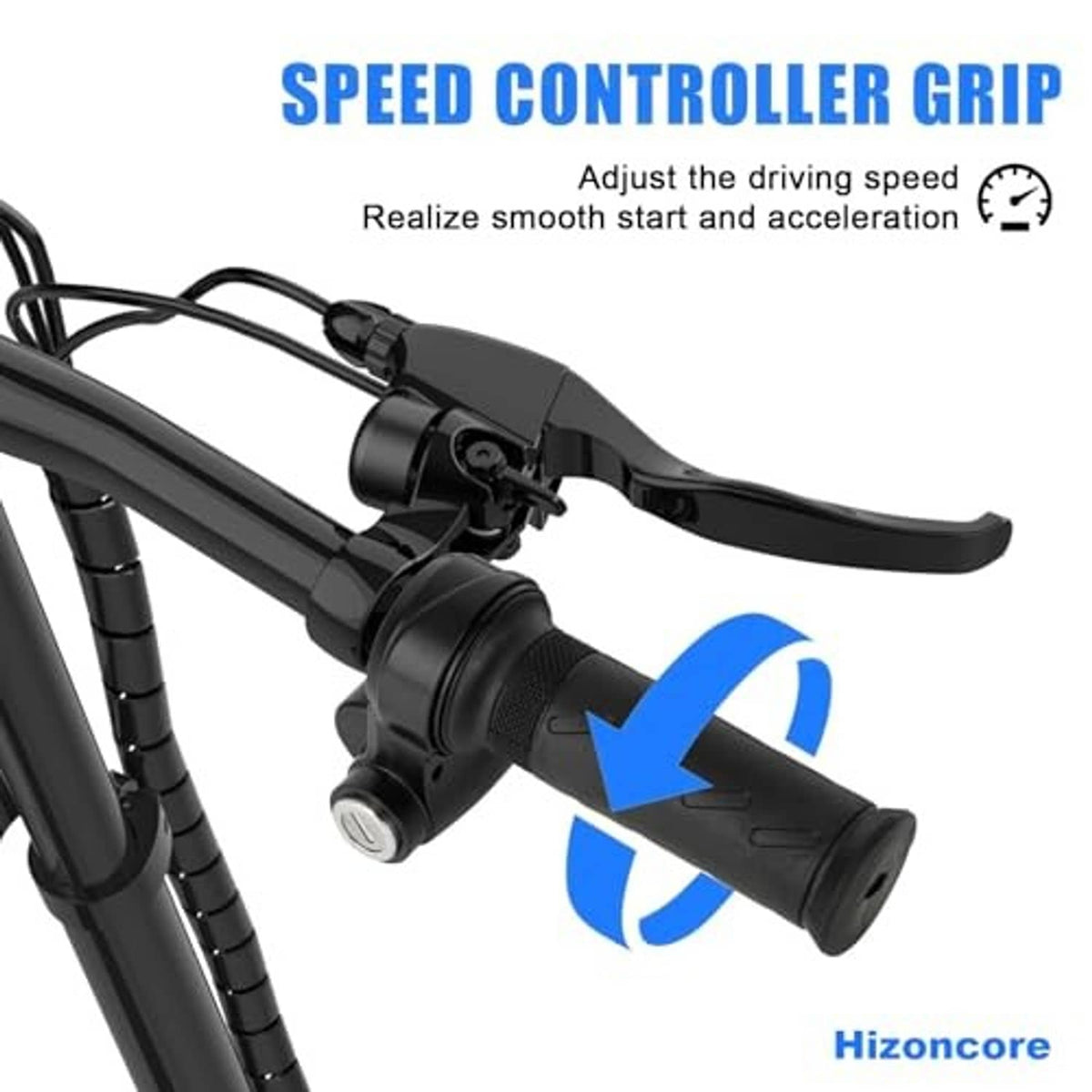 Black twist throttle grip on handlebar with control lever and cable connection