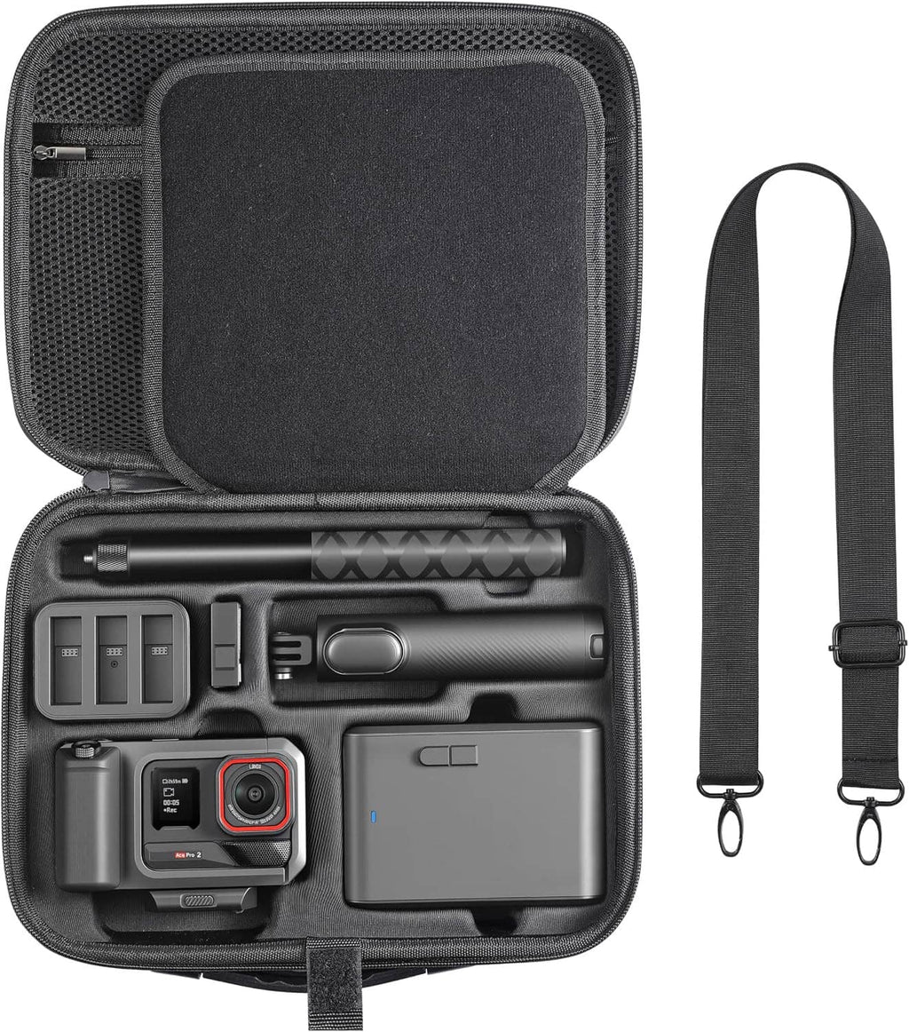 Black hard-shell carrying case with mesh lid, open interior organizer and shoulder strap