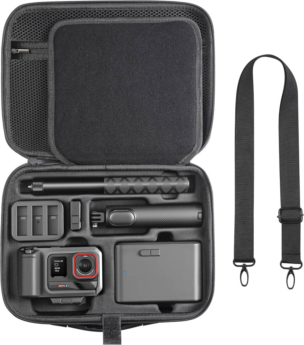 Black hard-shell carrying case with mesh lid, open interior organizer and shoulder strap