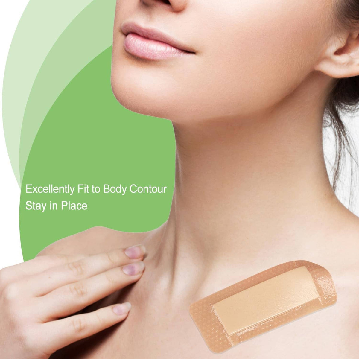 Tan silicone foam border dressing on the shoulder and neck