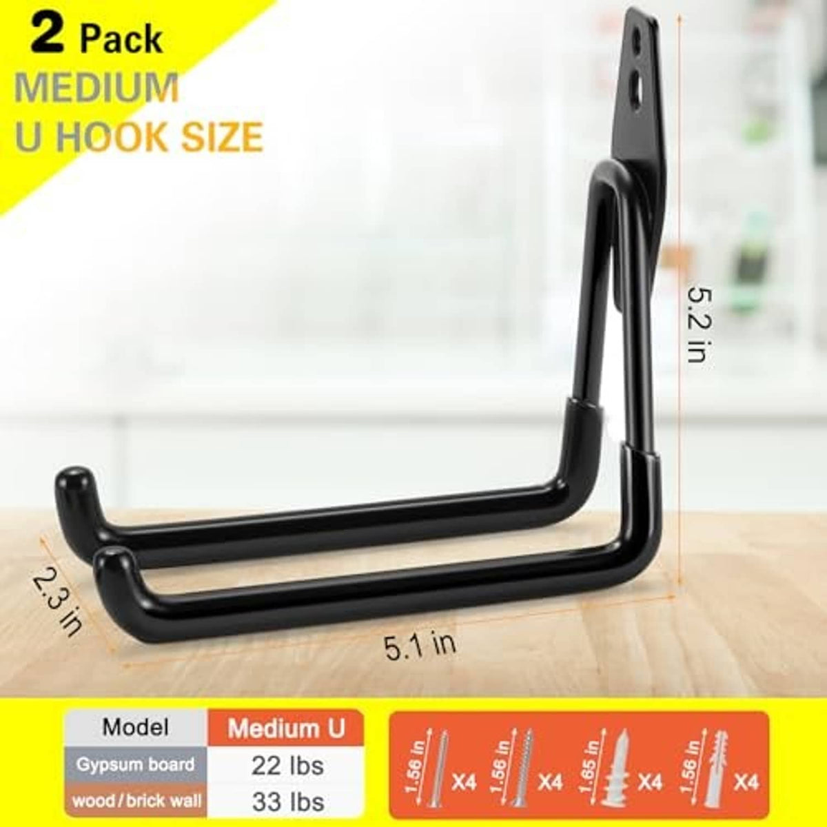Black medium U hook, two-pack style, with top mounting plate and curled end grips