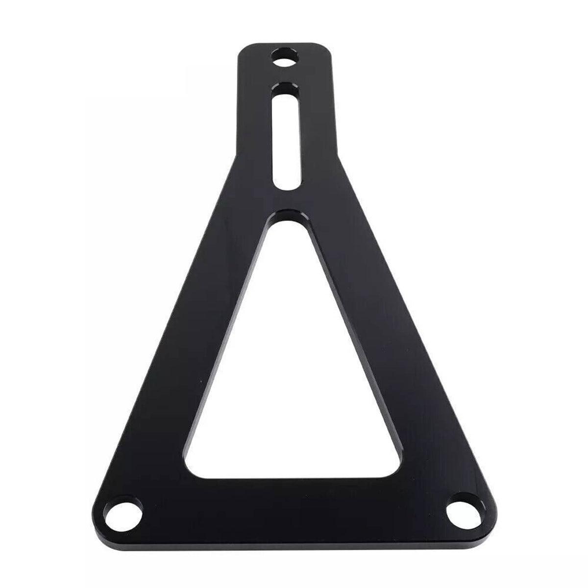 Black triangular support bracket with mounting hole for battery tray