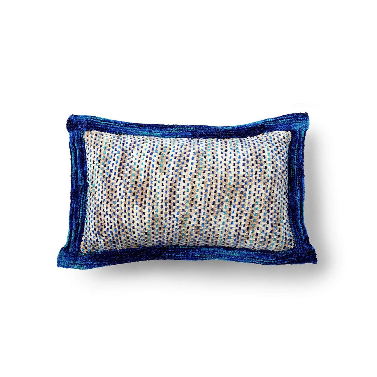 Cream and blue tweed knit cushion pillow cover with dark blue border