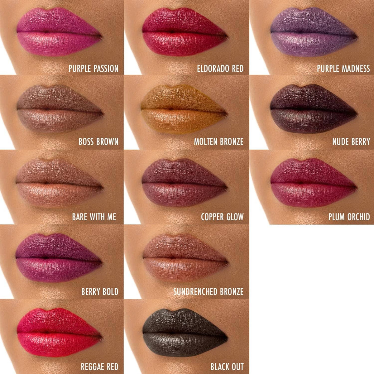 Lip swatch grid with multiple shades and names, including Purple Passion and Black Out