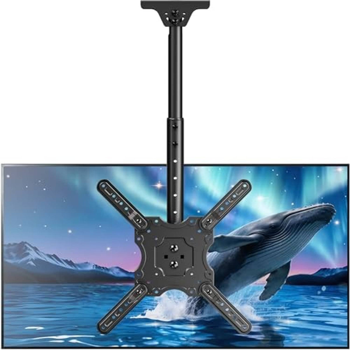 Black ceiling TV mount with tall extension pole and star-shaped VESA arm bracket