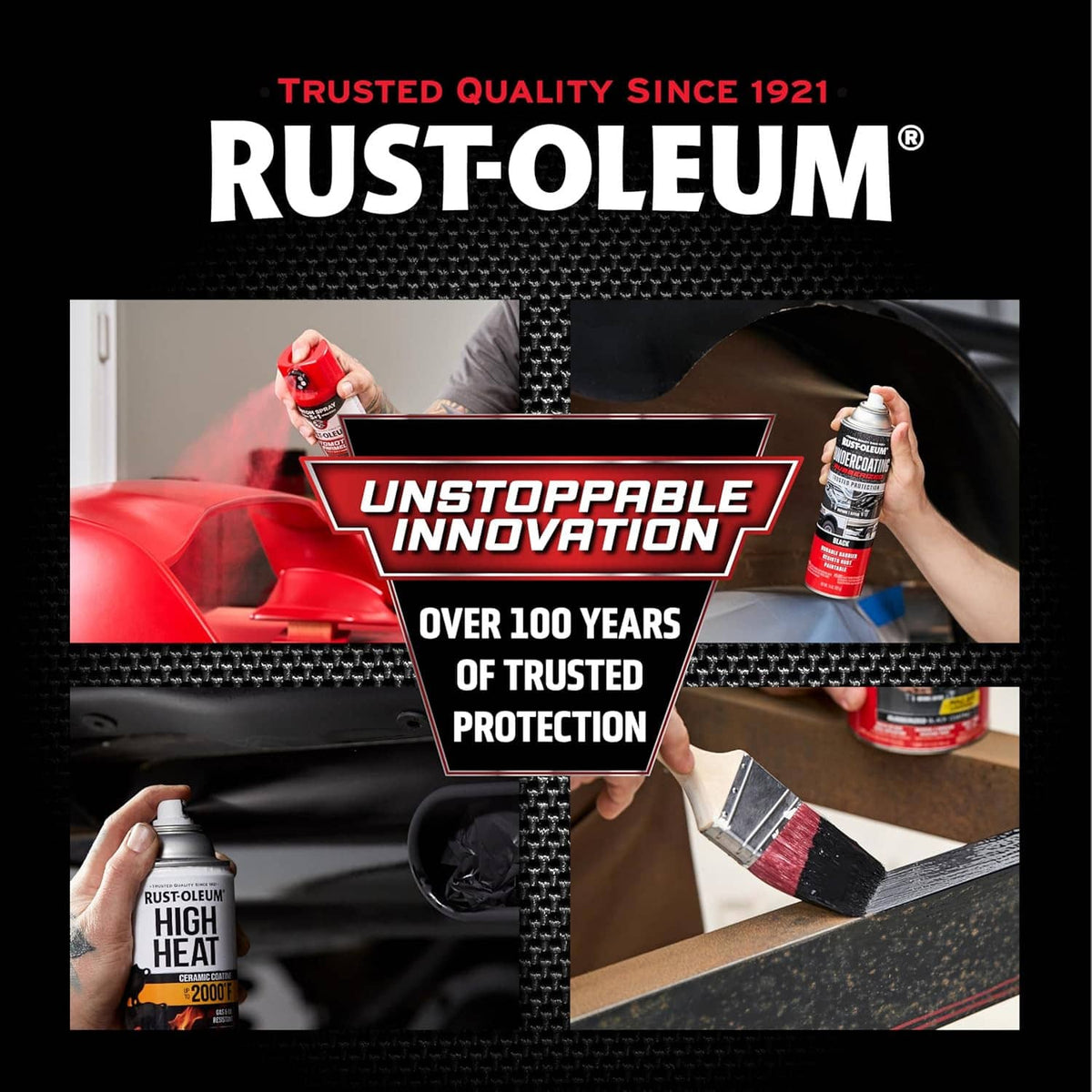 Rust-Oleum Rust reformer spray can campaign graphic with hands painting surfaces