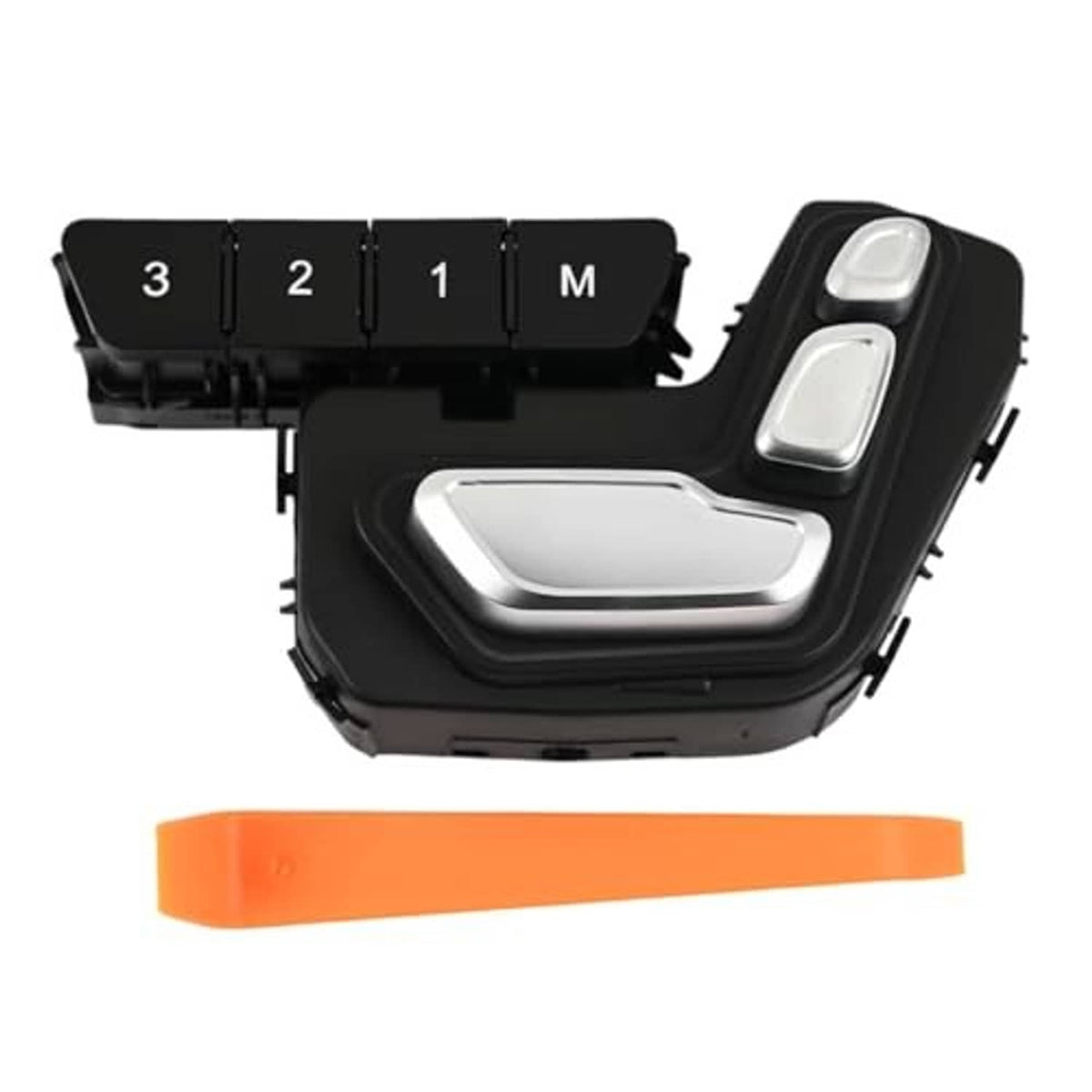 Power seat adjust control switch, black selector buttons 3, 2, 1, M beside silver rocker