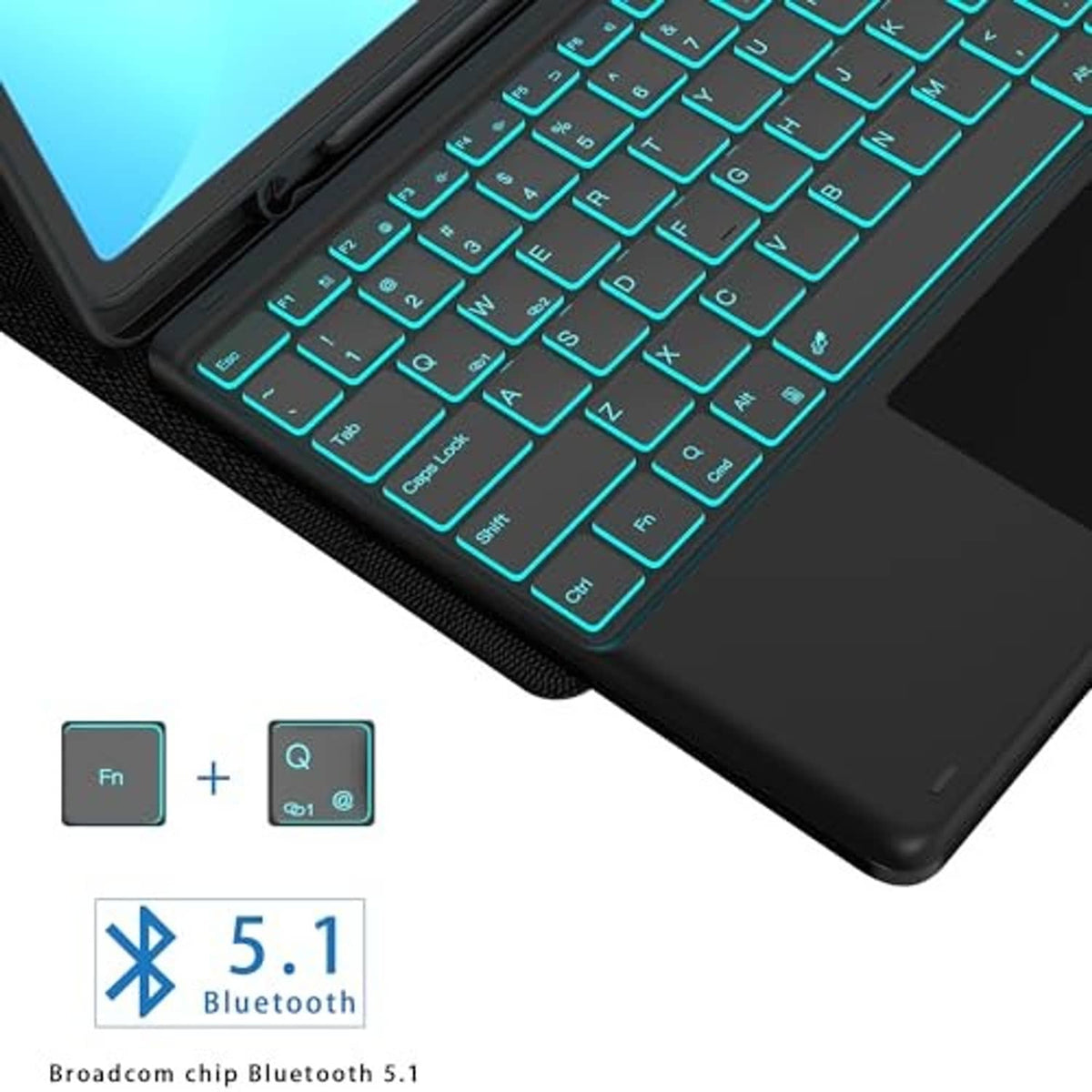 Black keyboard case with turquoise backlit keys and textured palm rest