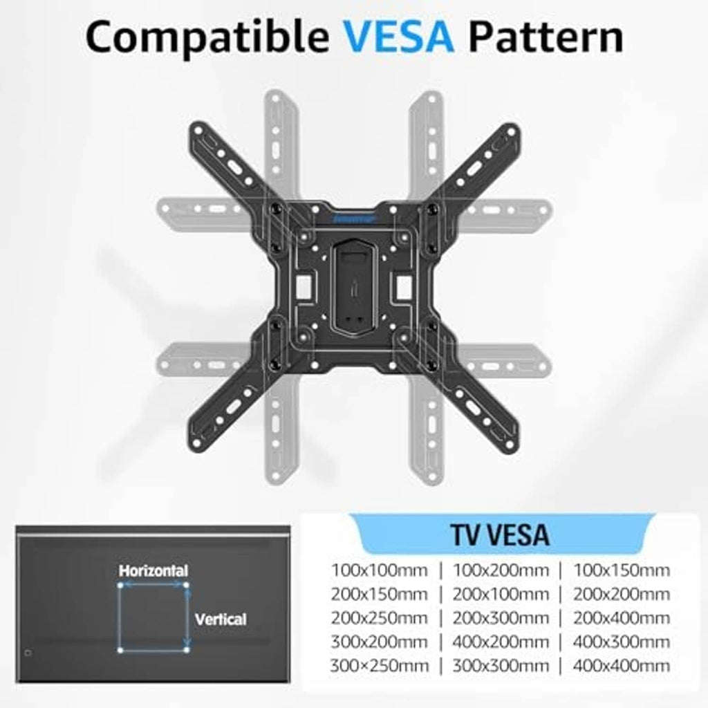 Ultra-slim full-motion TV wall mount in black, with VESA mounting holes layout