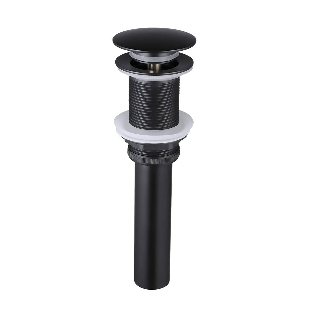 Matte black bathroom sink pop-up drain stopper with round top and threaded body