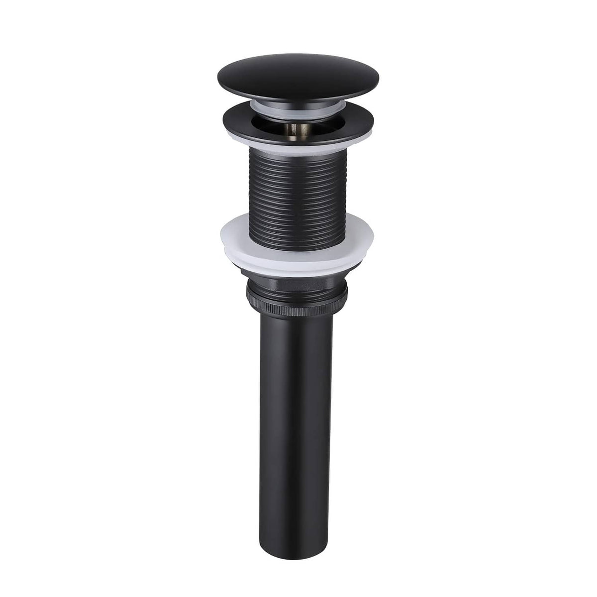 Matte black bathroom sink pop-up drain stopper with round top and threaded body