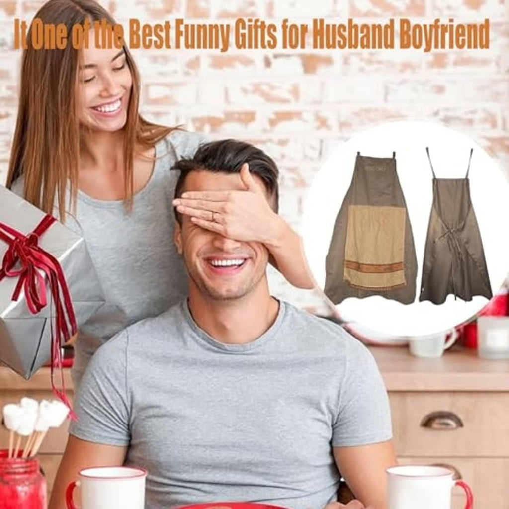 Brown and beige prank apron with front pocket and towel, one-piece set