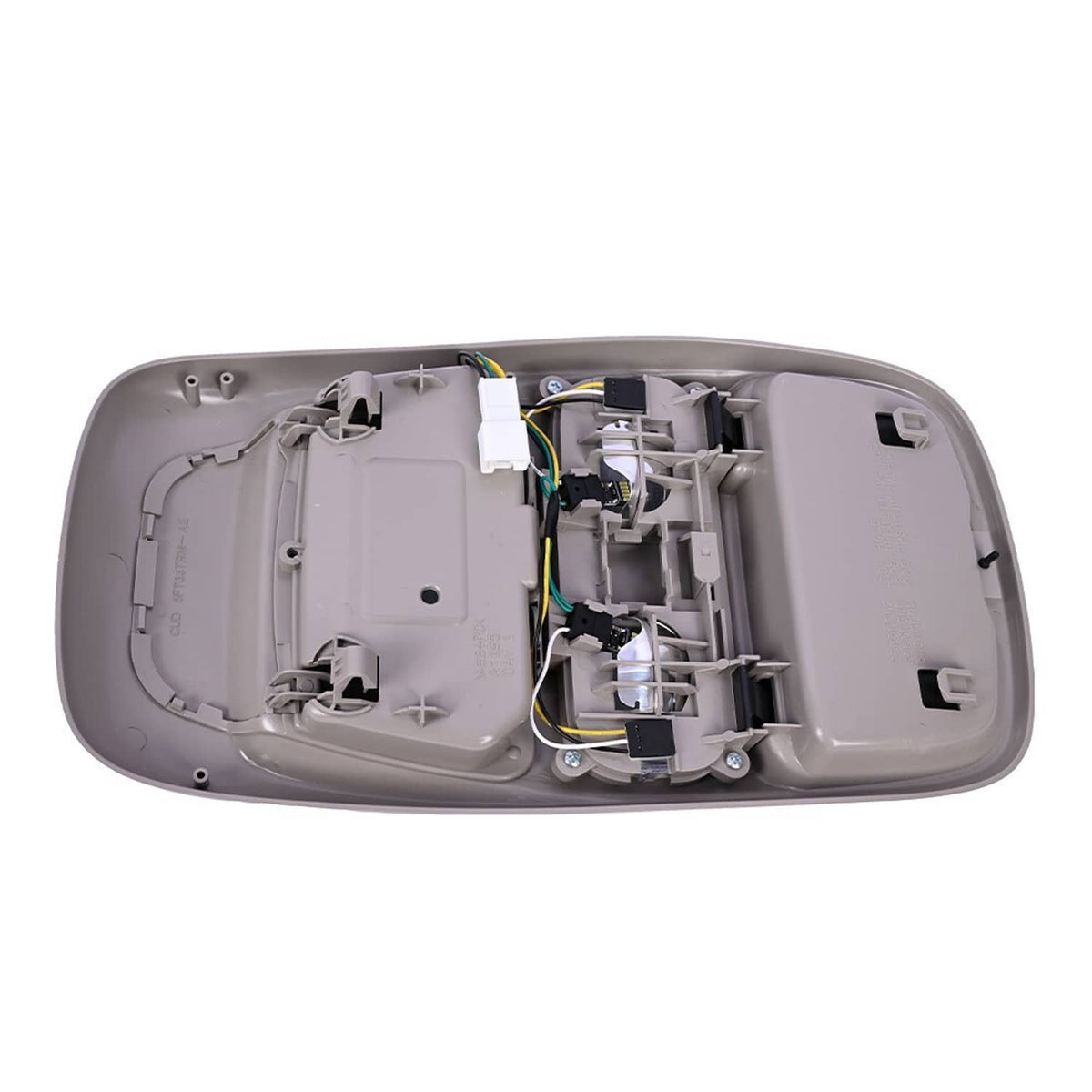 Vehicle overhead console cover opened to reveal internal wiring and mounting hardware, light gray.