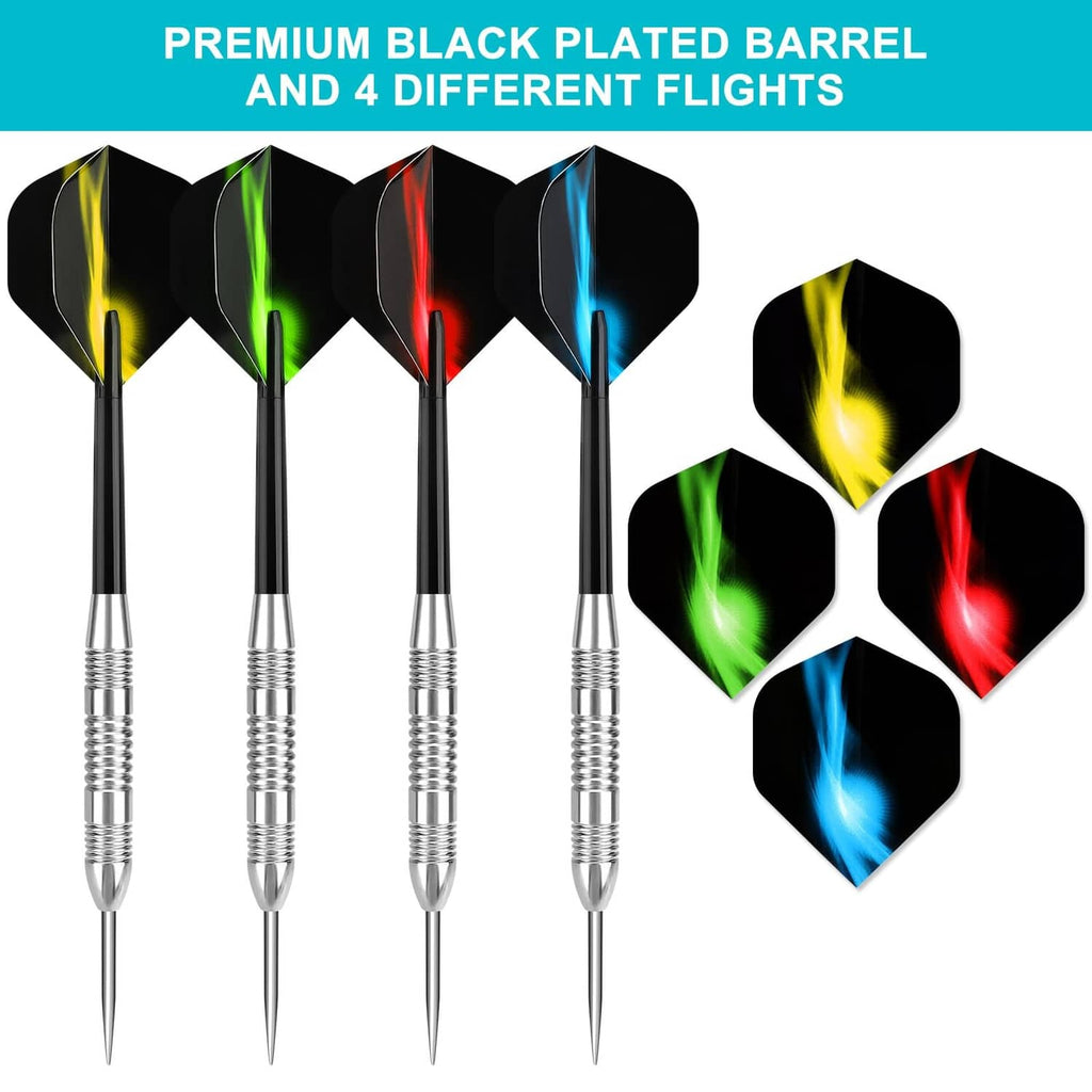 12-pack darts with silver steel tips, black barrels, and neon-colored flame flights