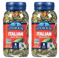Two Litehouse Italian herb blend containers with blue caps and dried herb flakes