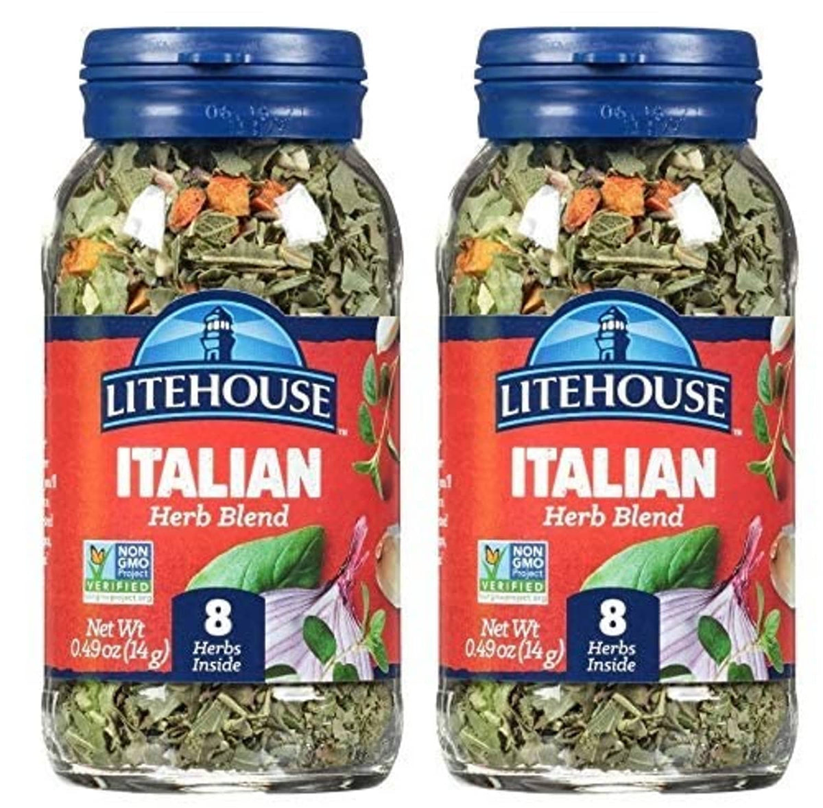 Two Litehouse Italian herb blend containers with blue caps and dried herb flakes