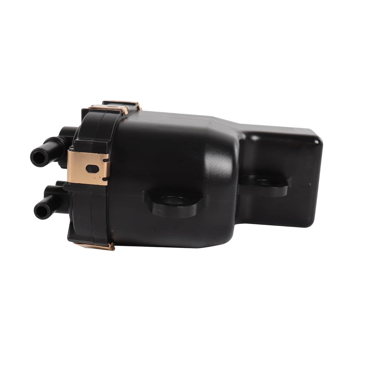 Black fuel pump module with inlet/outlet ports and top electrical connectors