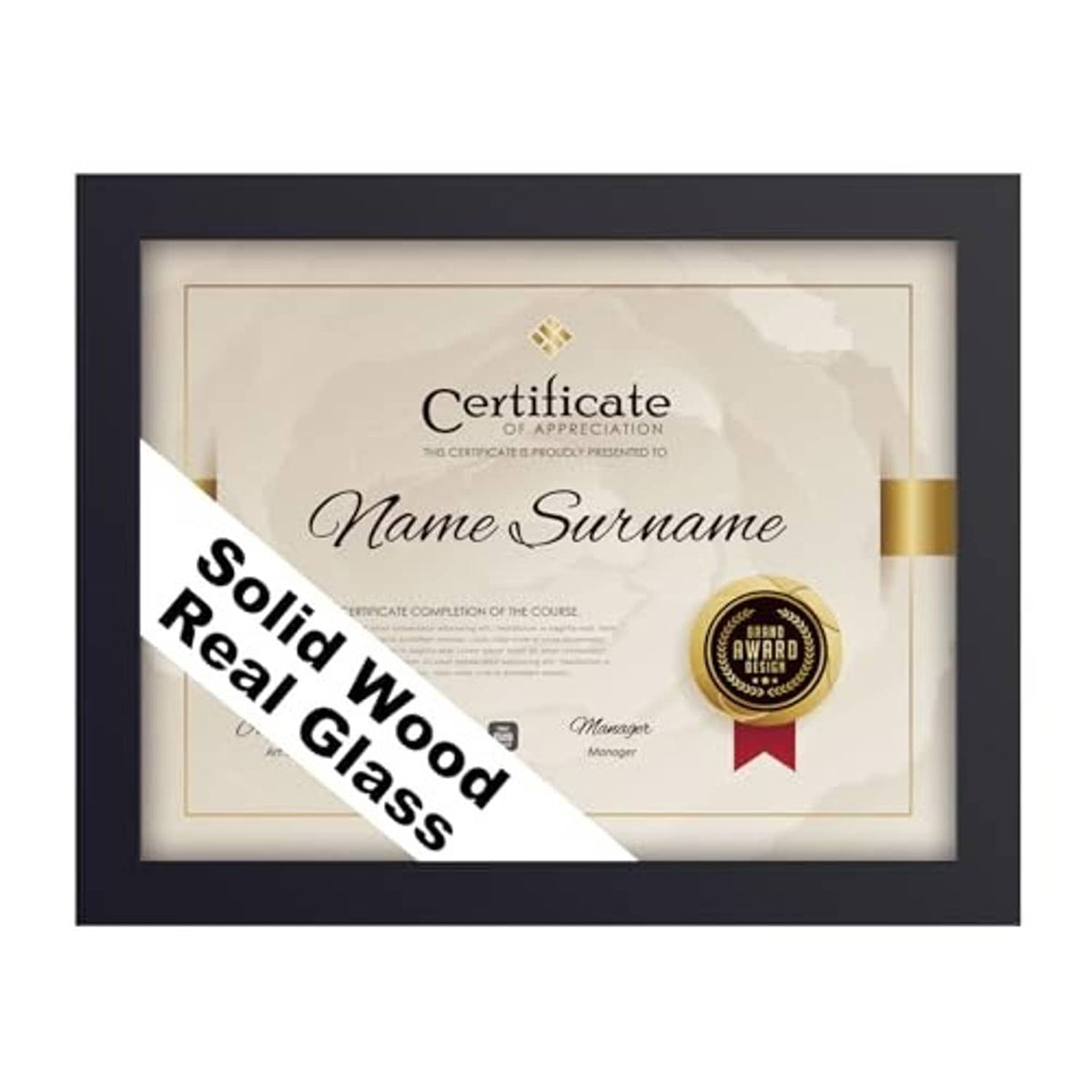 Black certificate frame displaying a certificate with gold ribbon seal under glass