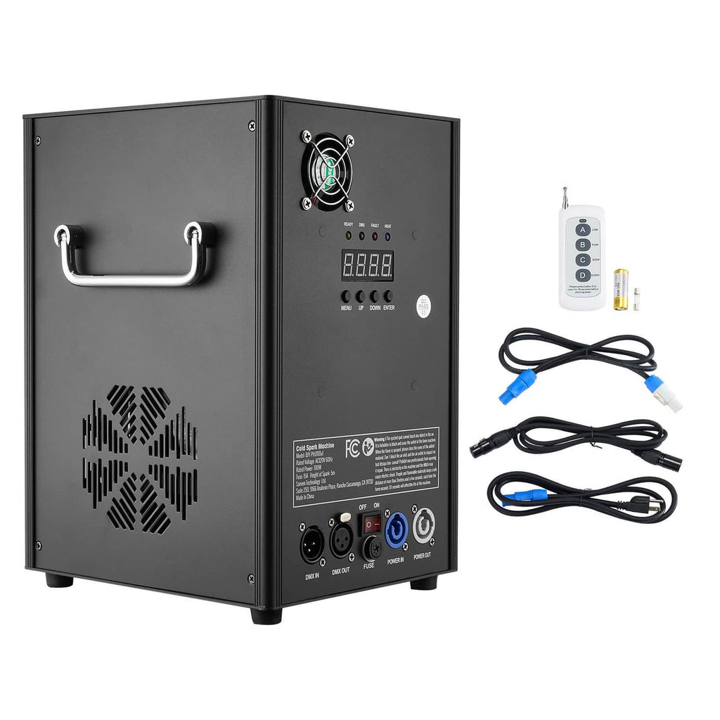 Black cold spark firework machine with side handle, control panel, and power cables