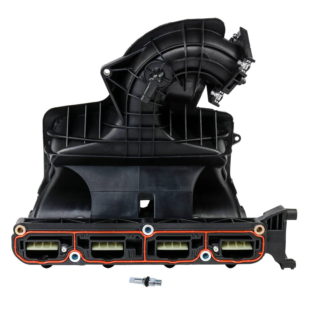 Black plastic intake manifold with multiple ports, internal runners, and mounting tabs