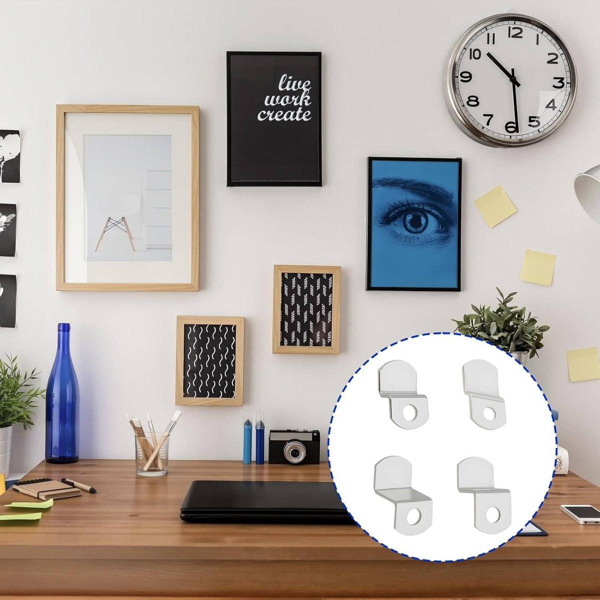 White offset canvas clips and screws displayed for use on picture frames