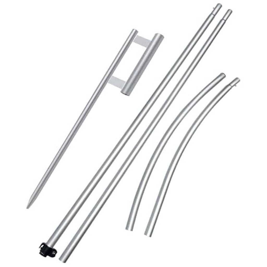 Windless feather flag pole kit with multiple silver curved pole segments and connecting bar