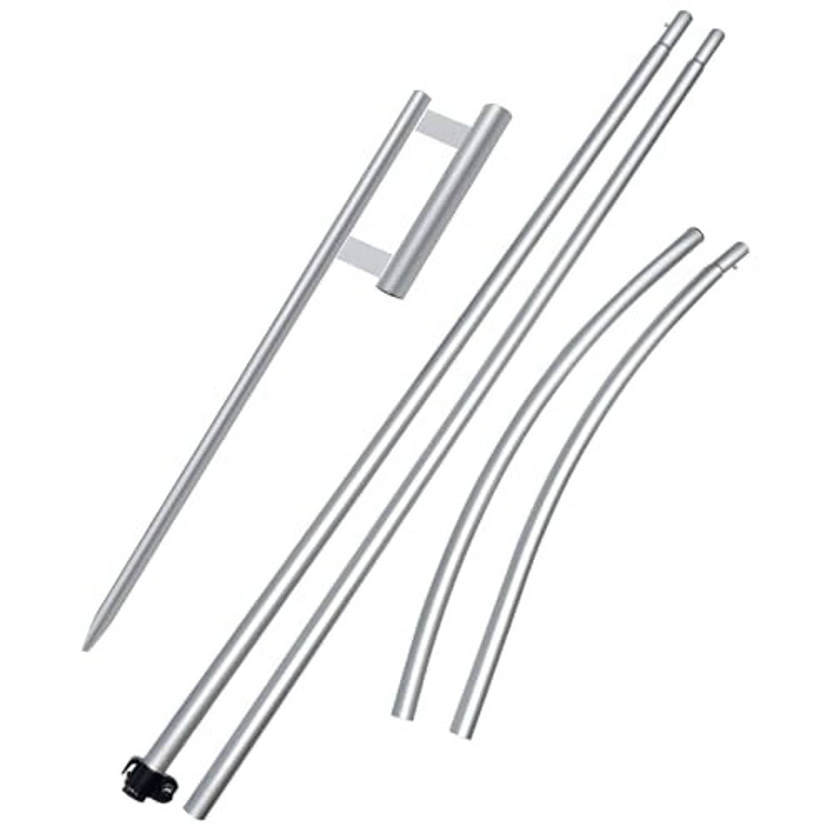Windless feather flag pole kit with multiple silver curved pole segments and connecting bar