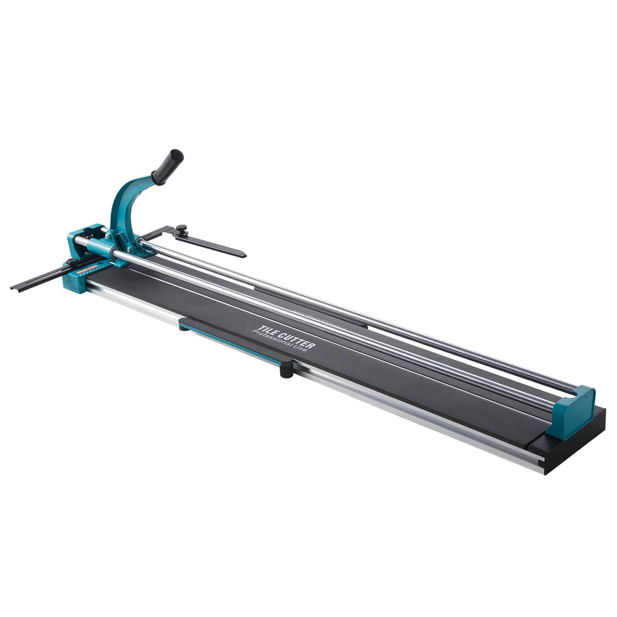 Manual tile cutter side view with long cutting rail, teal frame and handles