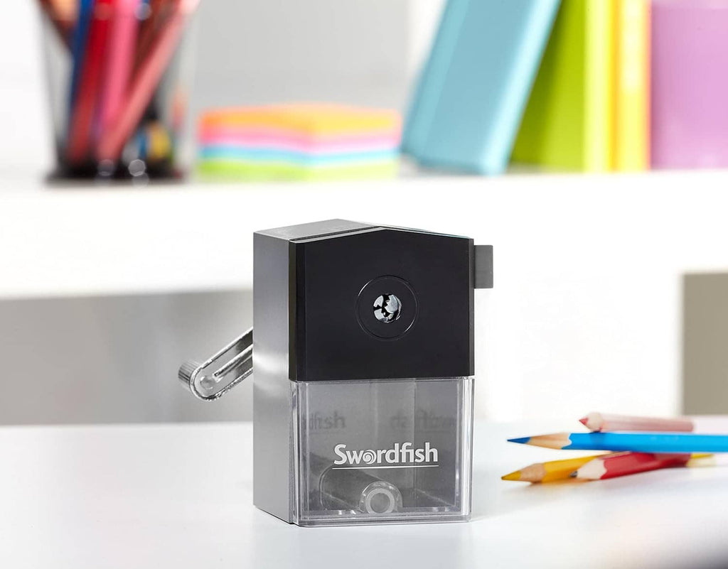 Compact black desk pencil sharpener with side crank and clear collection container