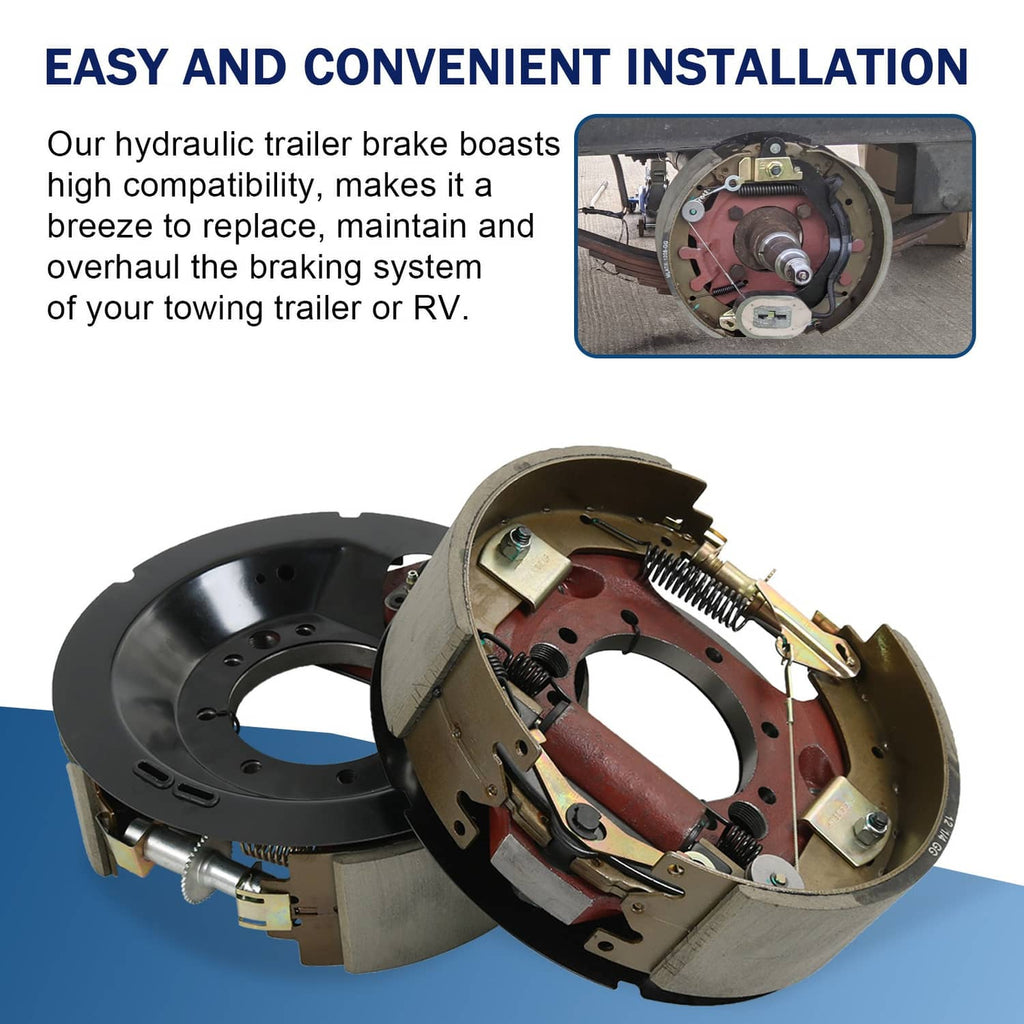Hydraulic trailer brake assembly with red backing plate and brake mounting hardware