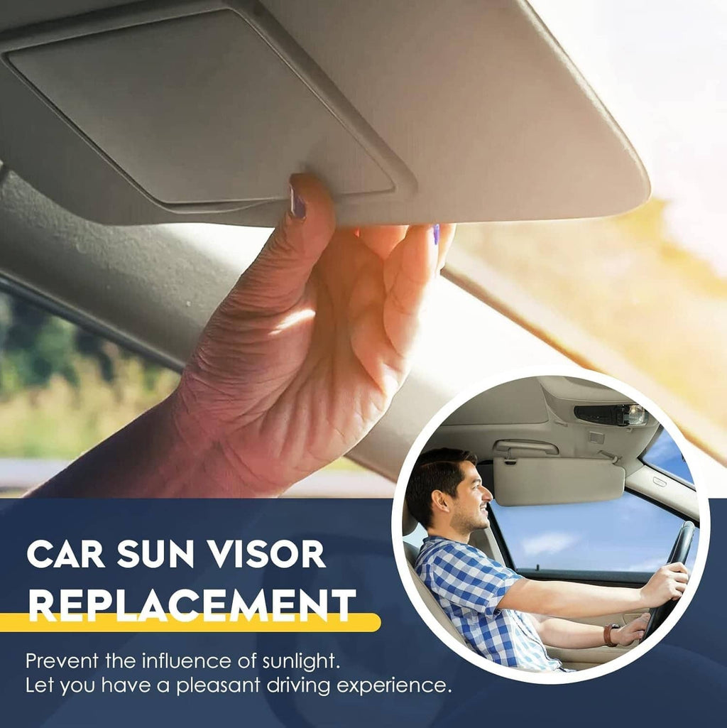 Beige driver sun visor with illuminated vanity mirror held for replacement