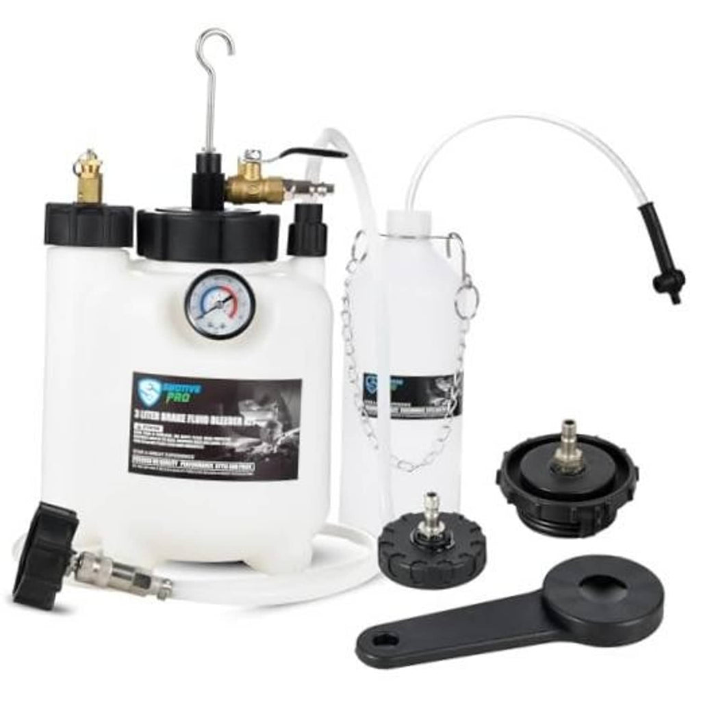 Pneumatic pressure brake bleeder kit with 3L tank, gauge, hoses, adapters, and caps