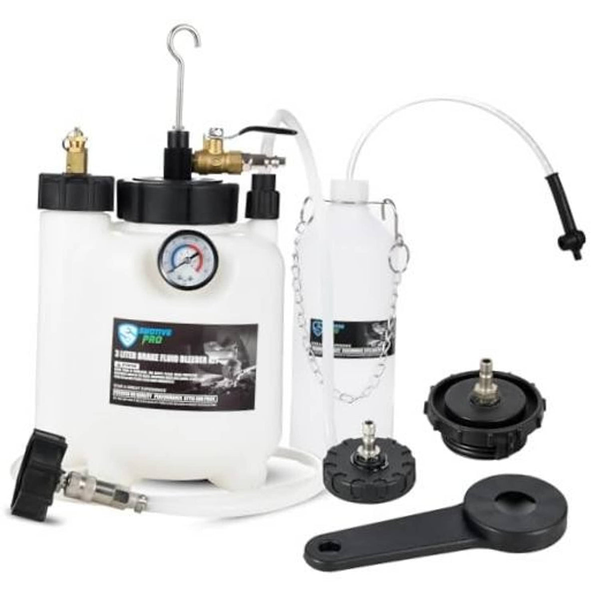 Pneumatic pressure brake bleeder kit with 3L tank, gauge, hoses, adapters, and caps