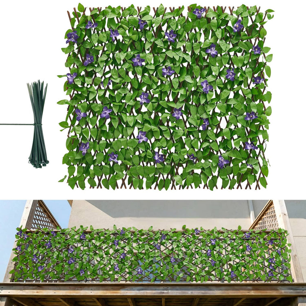 Expandable privacy screen with dense artificial ivy leaves and purple orchid-style blooms