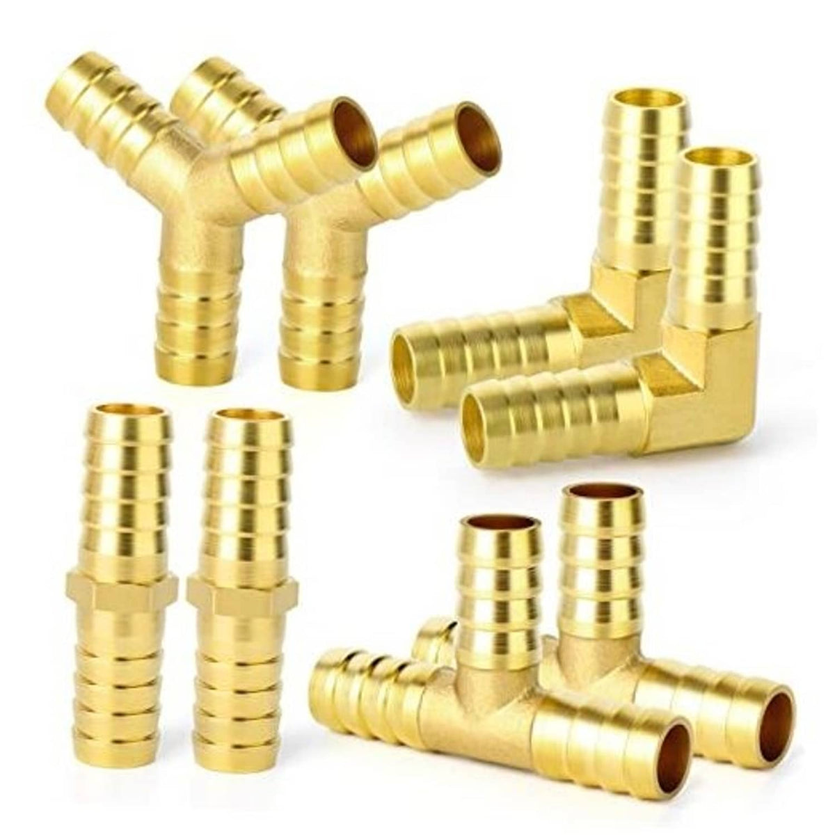 Brass 90-degree hose barb fittings with straight barbs and angled pieces, 8-pack kit