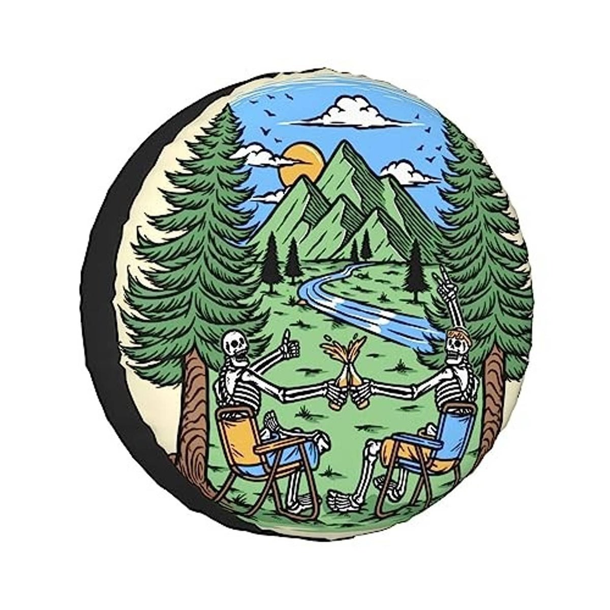 Round spare tire cover with forest, mountains, lake, and two skeleton camper graphic
