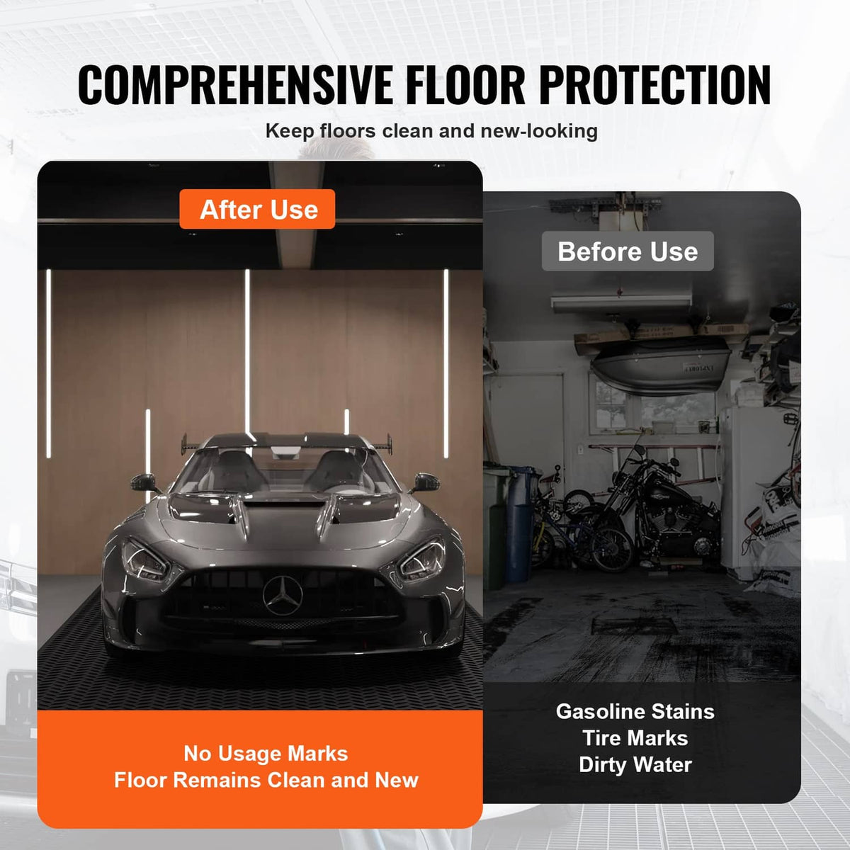 Black diamond-plate garage floor mat showing before-and-after floor protection