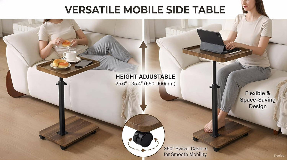 Height-adjustable swivel side table with wood tray, black pedestal, and casters