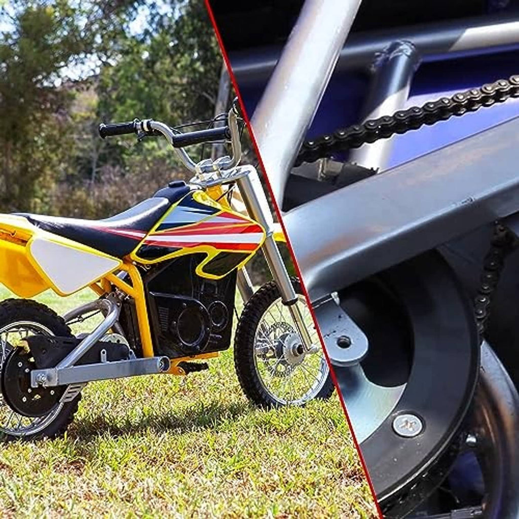 Drive roller chain installed on a dirt bike with sprocket and guard