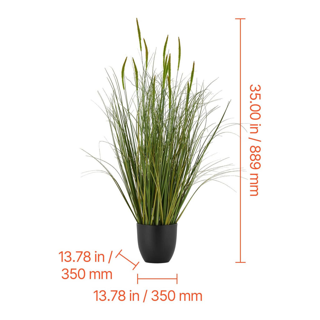 Artificial cattail grass in black pot, upright green stems, decorative plant for home