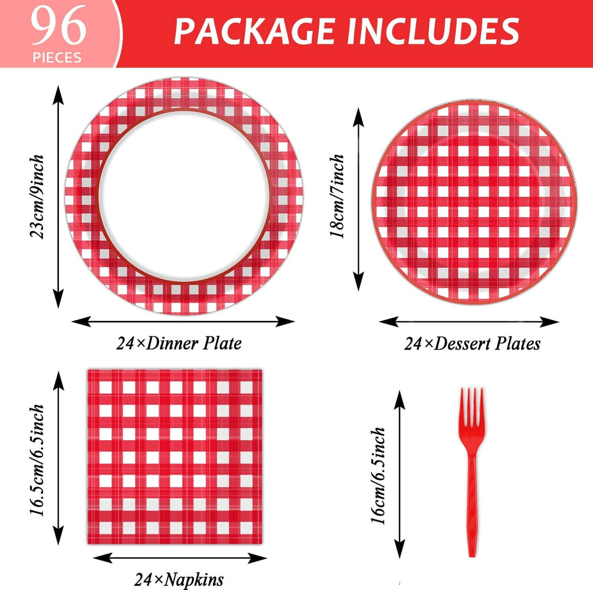 Red and white gingham dinner plates and dessert plates with napkins and forks set