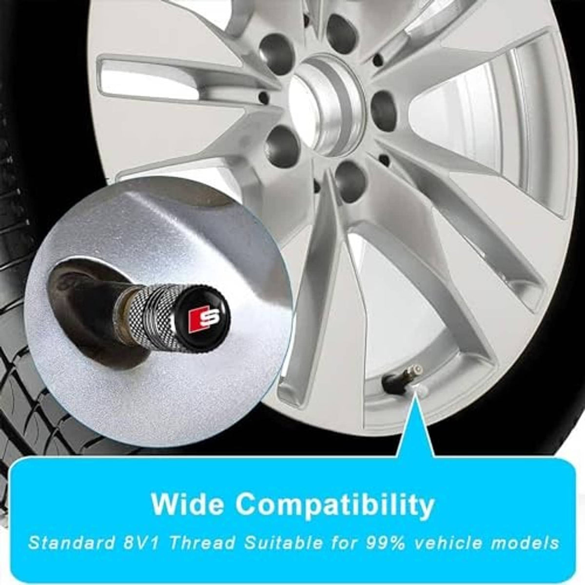 Black valve stem cap cover with red S emblem on a wheel rim