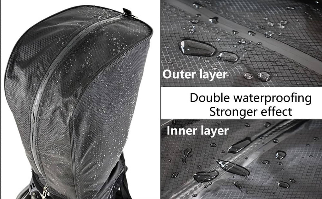 Black golf bag rain cover with water-repellent outer layer and taped inner seam