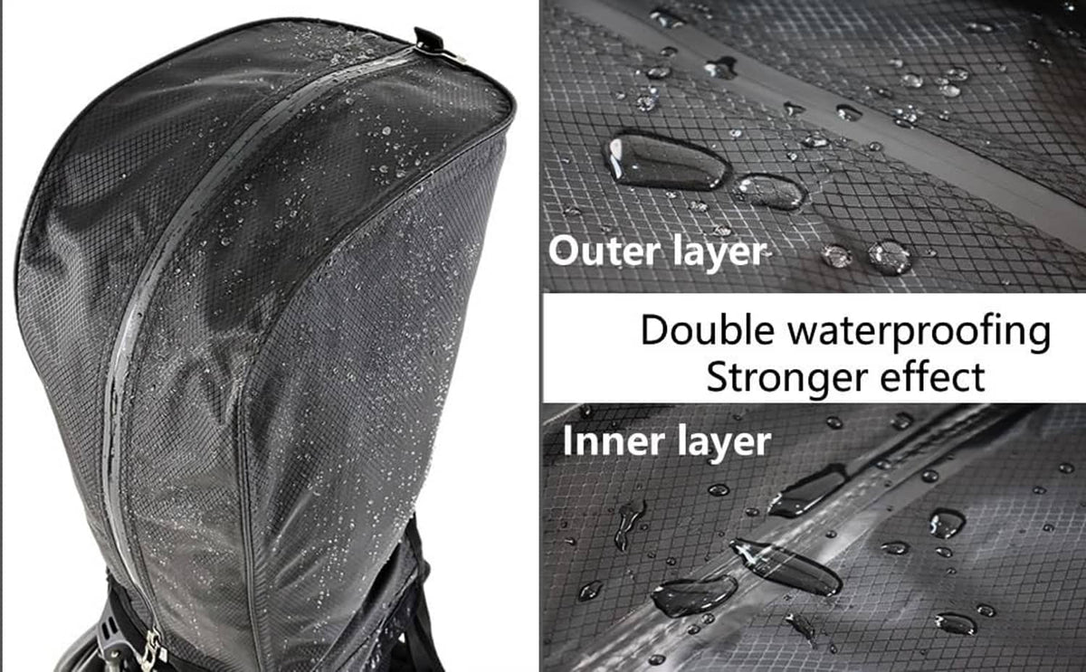 Black golf bag rain cover with water-repellent outer layer and taped inner seam