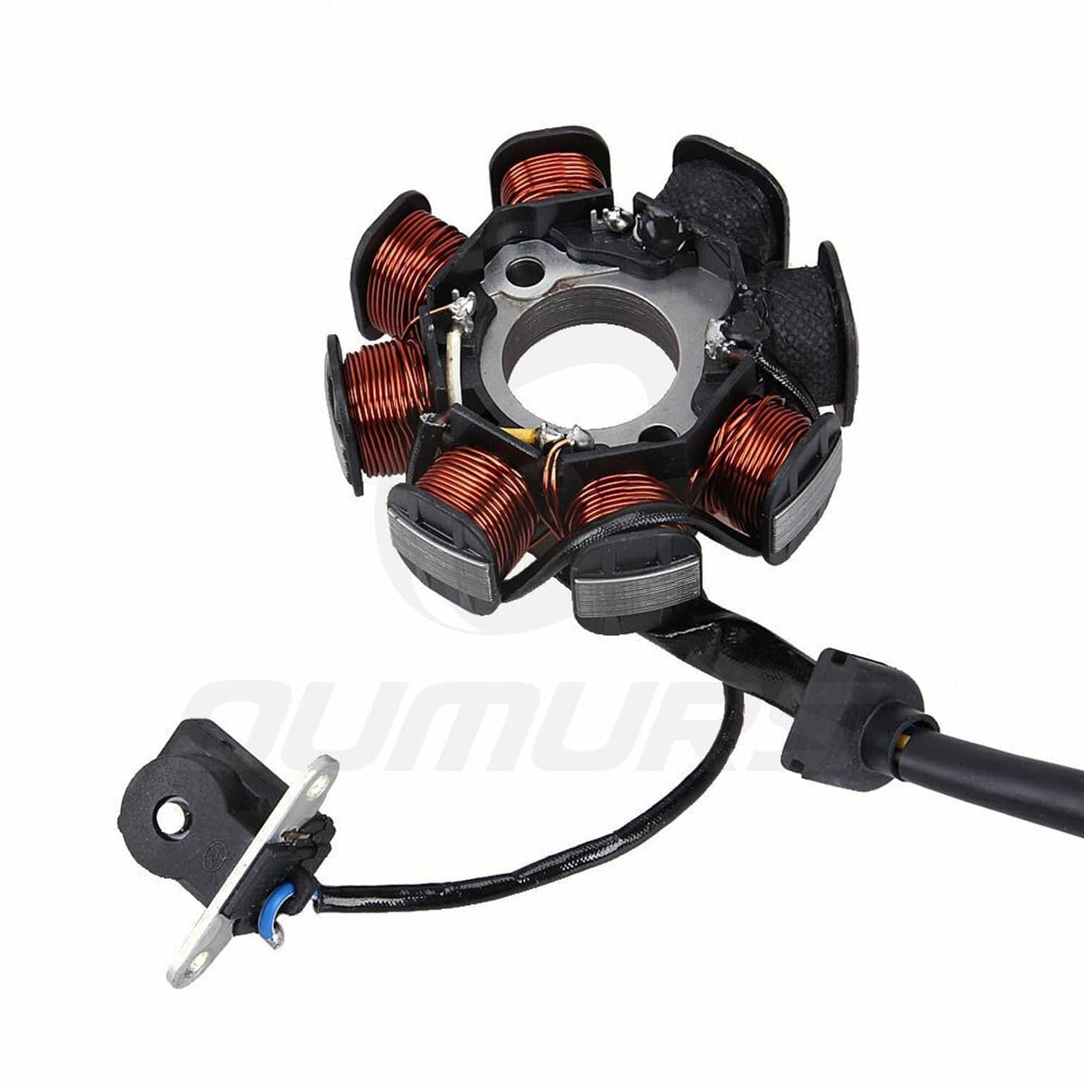 8-coil stator magneto with copper windings, black cap ends, and ground wire