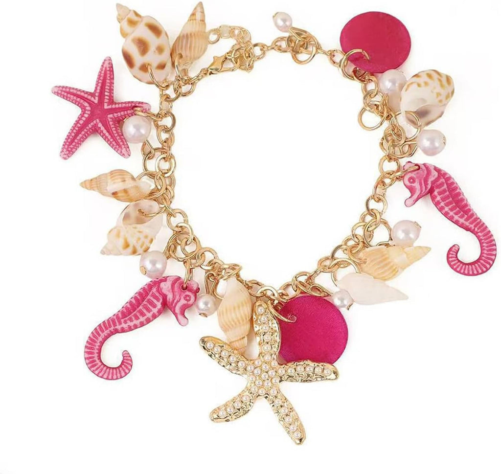 Colorful gold charm bracelet with seashell pendants, starfish center charm, and pearl beads.